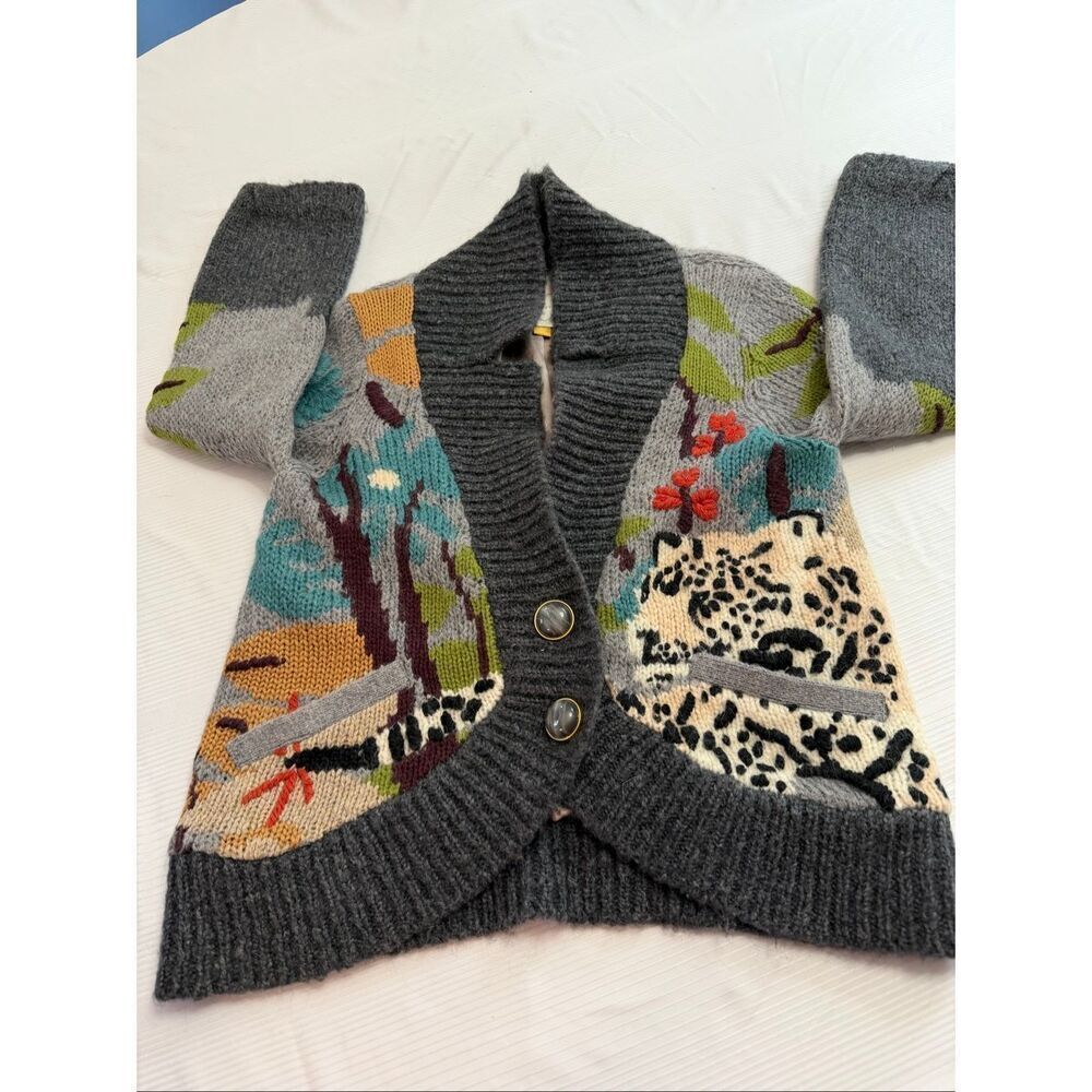 Leifsdottir Anthropologie Embroidered Monkey Jungle Sweater Cardigan Size Medium - Picture 7 of 13